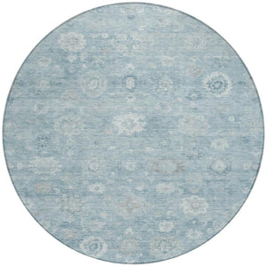 HomeRoots 8' Blue Ivory and Gray Round Damask Rug - Stylish, Washable Design for Indoor and Outdoor Use! 620427