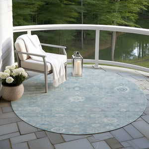 HomeRoots 8' Blue Ivory and Gray Round Damask Rug - Stylish, Washable Design for Indoor and Outdoor Use! 620427