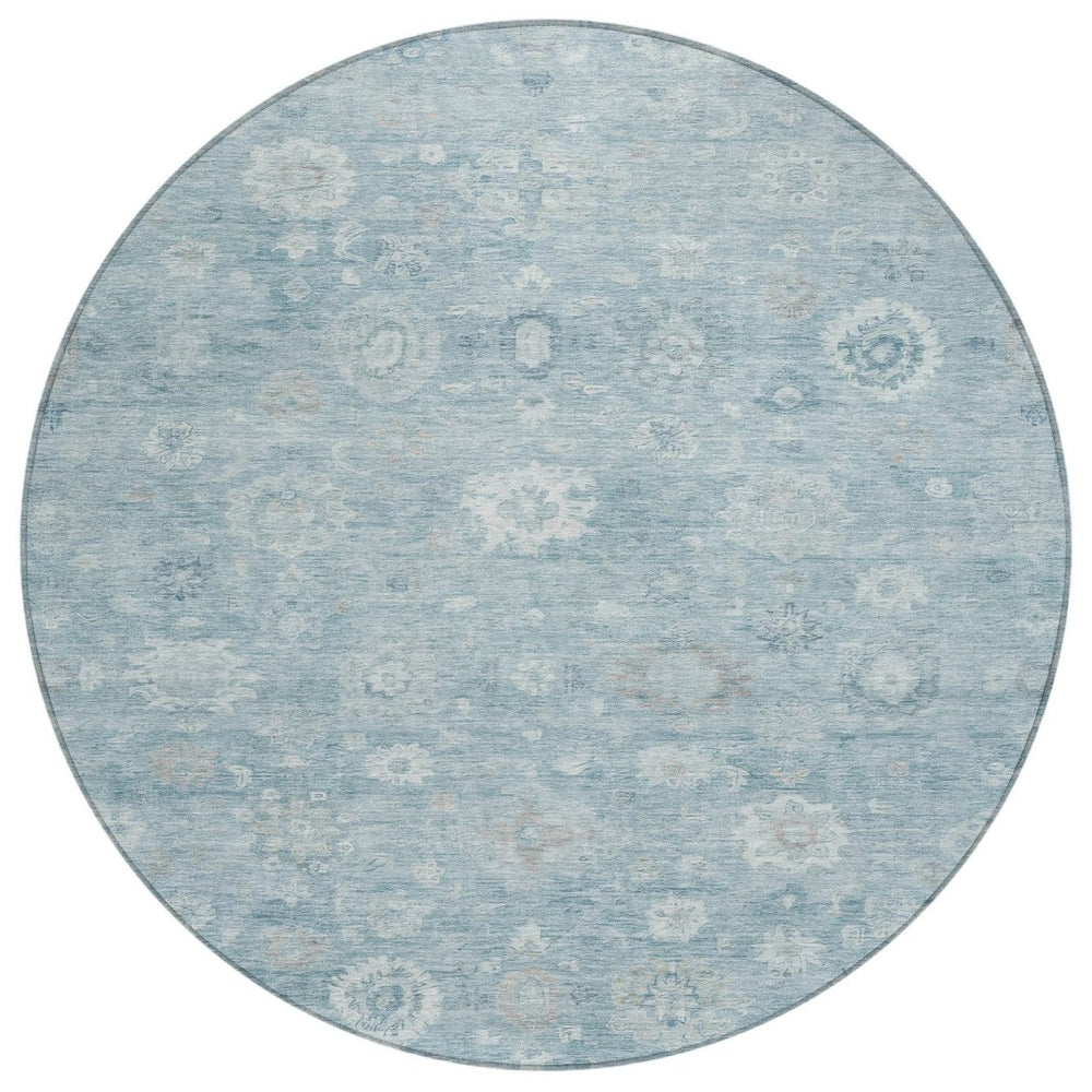 HomeRoots 8' Blue Ivory and Gray Round Damask Rug - Stylish, Washable Design for Indoor and Outdoor Use! 620427