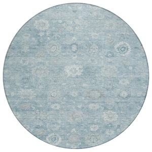 HomeRoots 8' Blue Ivory and Gray Round Damask Rug - Stylish, Washable Design for Indoor and Outdoor Use! 620427