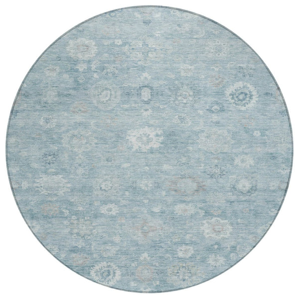 HomeRoots 8' Blue Ivory and Gray Round Damask Rug - Stylish, Washable Design for Indoor and Outdoor Use! 620427