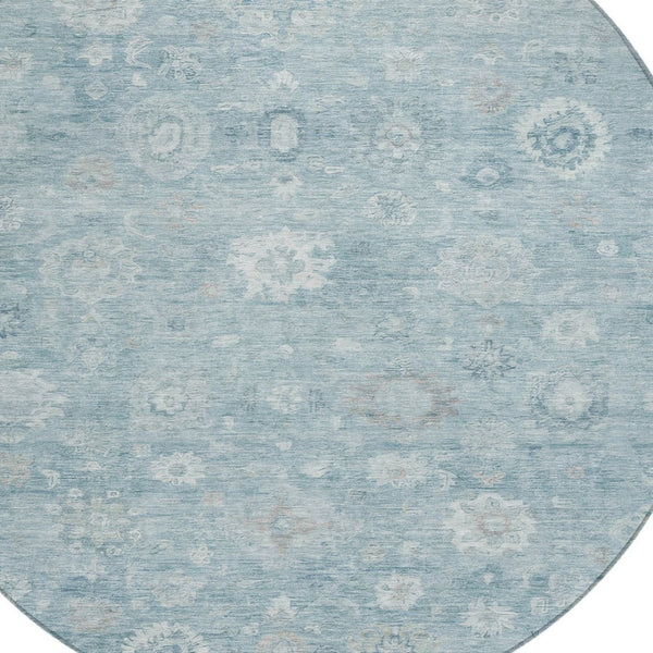HomeRoots 8' Blue Ivory and Gray Round Damask Rug - Stylish, Washable Design for Indoor and Outdoor Use! 620427