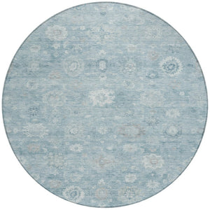 HomeRoots 8' Blue Ivory and Gray Round Damask Rug - Stylish, Washable Design for Indoor and Outdoor Use! 620427