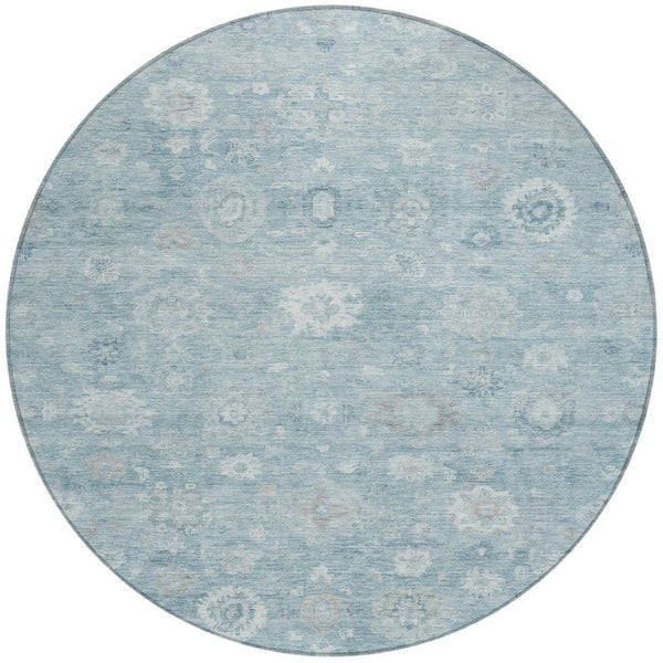 HomeRoots 8' Blue Ivory and Gray Round Damask Rug - Stylish, Washable Design for Indoor and Outdoor Use! 620427