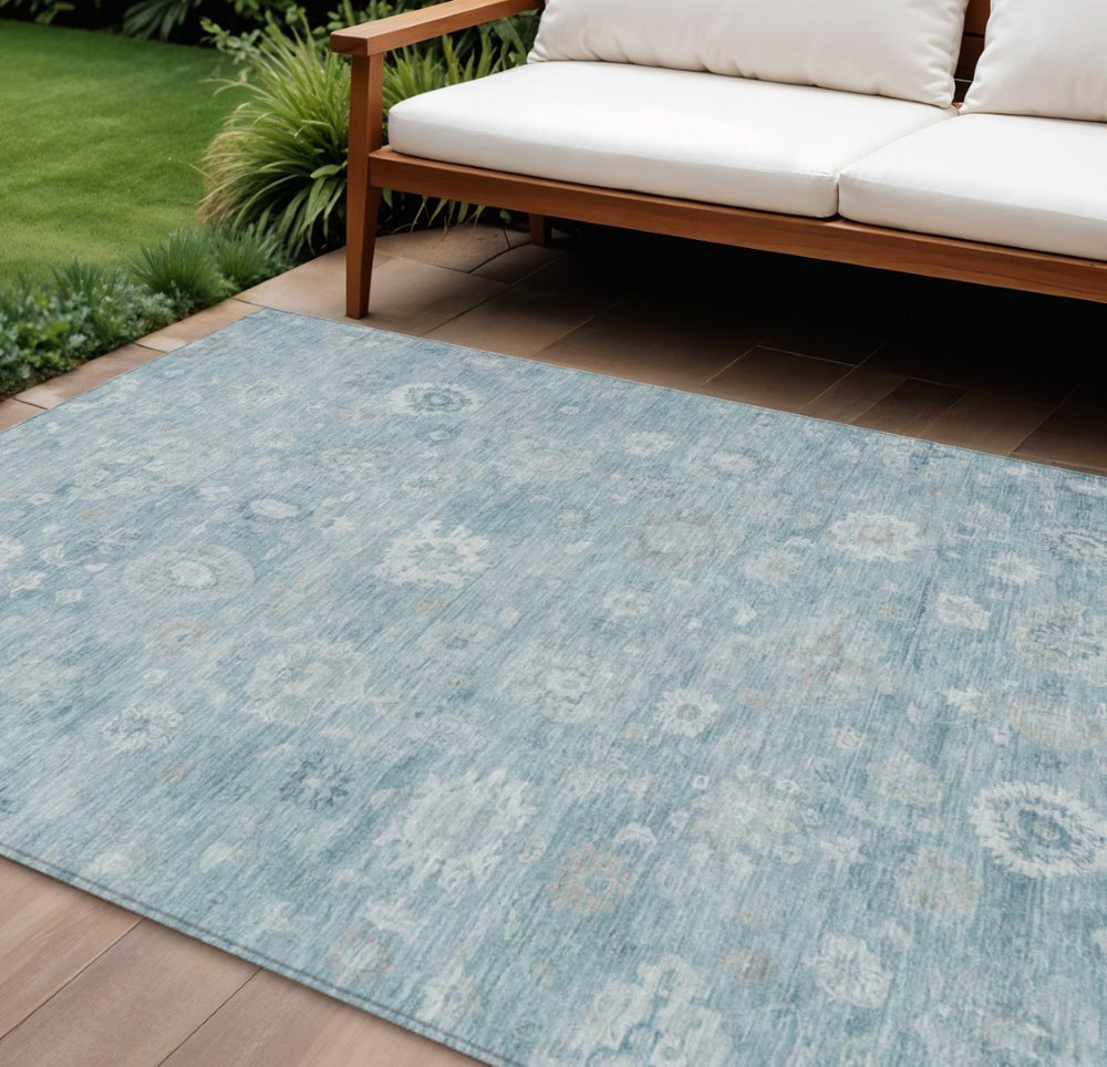 HomeRoots 10' Elegant Blue Ivory and Gray Damask Area Rug - Washable, Stain-Resistant for Indoor & Outdoor Use 620430