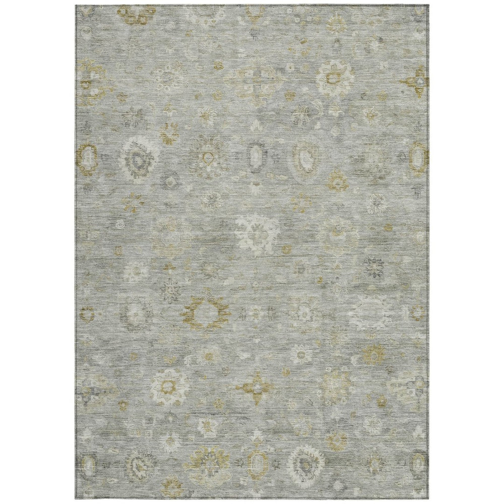 HomeRoots 5' Gray Ivory Gold Damask Washable Area Rug - Durable, Stylish Indoor-Outdoor Decor for Any Space 620432