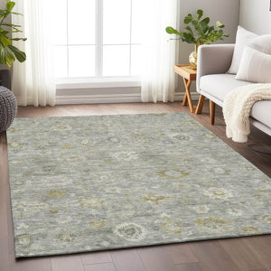HomeRoots 5' Gray Ivory Gold Damask Washable Area Rug - Durable, Stylish Indoor-Outdoor Decor for Any Space 620432