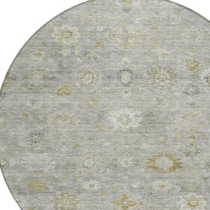 HomeRoots 8' Gray Ivory and Gold Round Damask Area Rug - Stylish, Durable, Machine Washable for Indoor & Outdoor Use 620433