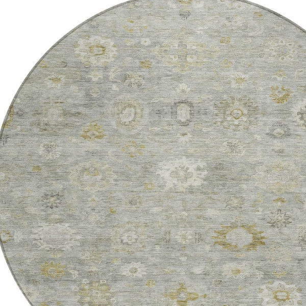 HomeRoots 8' Gray Ivory and Gold Round Damask Area Rug - Stylish, Durable, Machine Washable for Indoor & Outdoor Use 620433