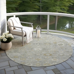 HomeRoots 8' Gray Ivory and Gold Round Damask Area Rug - Stylish, Durable, Machine Washable for Indoor & Outdoor Use 620433