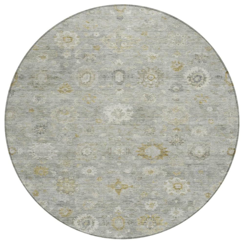 HomeRoots 8' Gray Ivory and Gold Round Damask Area Rug - Stylish, Durable, Machine Washable for Indoor & Outdoor Use 620433