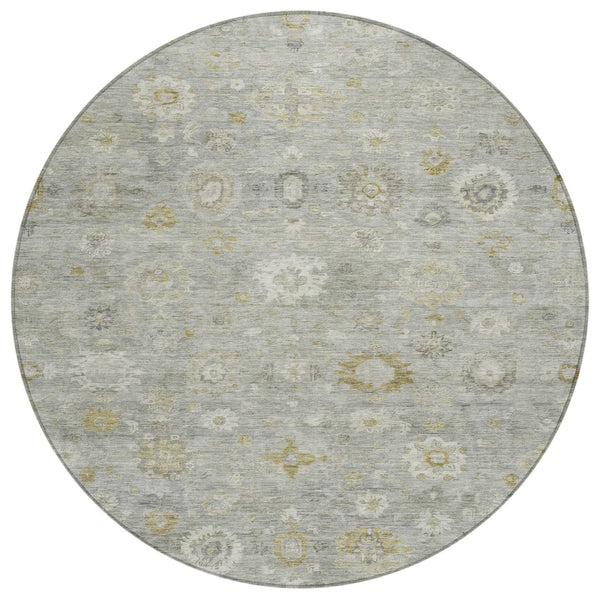 HomeRoots 8' Gray Ivory and Gold Round Damask Area Rug - Stylish, Durable, Machine Washable for Indoor & Outdoor Use 620433