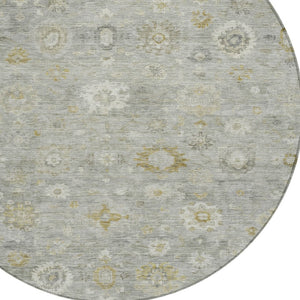 HomeRoots 8' Gray Ivory and Gold Round Damask Area Rug - Stylish, Durable, Machine Washable for Indoor & Outdoor Use 620433