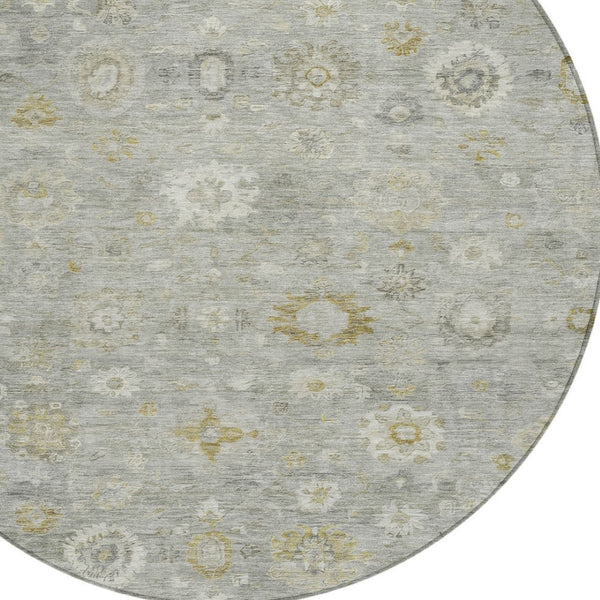 HomeRoots 8' Gray Ivory and Gold Round Damask Area Rug - Stylish, Durable, Machine Washable for Indoor & Outdoor Use 620433
