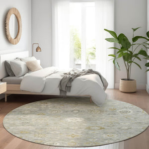 HomeRoots 8' Gray Ivory and Gold Round Damask Area Rug - Stylish, Durable, Machine Washable for Indoor & Outdoor Use 620433