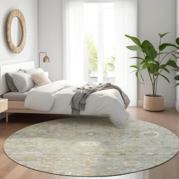HomeRoots 8' Gray Ivory and Gold Round Damask Area Rug - Stylish, Durable, Machine Washable for Indoor & Outdoor Use 620433