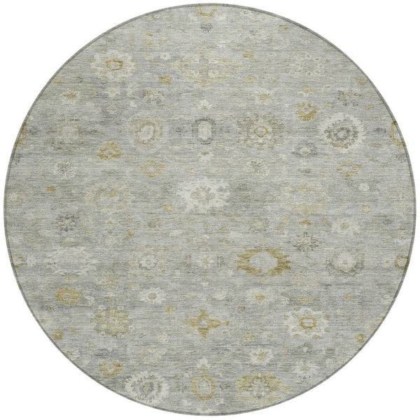HomeRoots 8' Gray Ivory and Gold Round Damask Area Rug - Stylish, Durable, Machine Washable for Indoor & Outdoor Use 620433