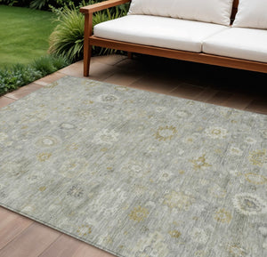 HomeRoots 9' X 12' Gray Ivory Gold Damask Washable Area Rug – Durable Elegance for Indoor & Outdoor Spaces 620435