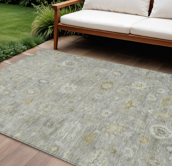 HomeRoots 9' X 12' Gray Ivory Gold Damask Washable Area Rug – Durable Elegance for Indoor & Outdoor Spaces 620435