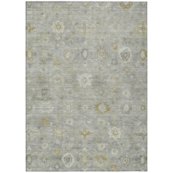 HomeRoots 9' X 12' Gray Ivory Gold Damask Washable Area Rug – Durable Elegance for Indoor & Outdoor Spaces 620435