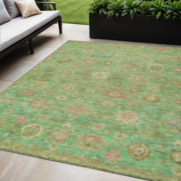 HomeRoots 5' Vibrant Damask Area Rug in Lime Green, Pink & Teal Blue – Washable, Indoor/Outdoor, Durable Design 620438