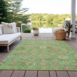 HomeRoots 5' Vibrant Damask Area Rug in Lime Green, Pink & Teal Blue – Washable, Indoor/Outdoor, Durable Design 620438