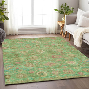 HomeRoots 5' Vibrant Damask Area Rug in Lime Green, Pink & Teal Blue – Washable, Indoor/Outdoor, Durable Design 620438