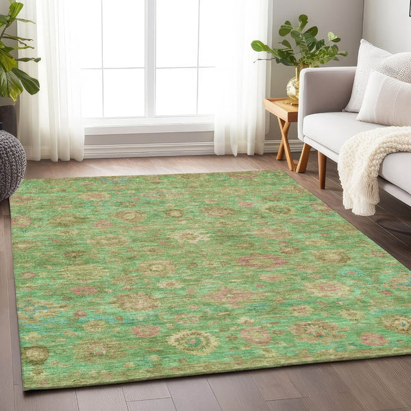 HomeRoots 5' Vibrant Damask Area Rug in Lime Green, Pink & Teal Blue – Washable, Indoor/Outdoor, Durable Design 620438