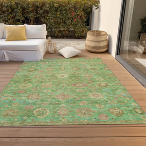 HomeRoots 5' Vibrant Damask Area Rug in Lime Green, Pink & Teal Blue – Washable, Indoor/Outdoor, Durable Design 620438