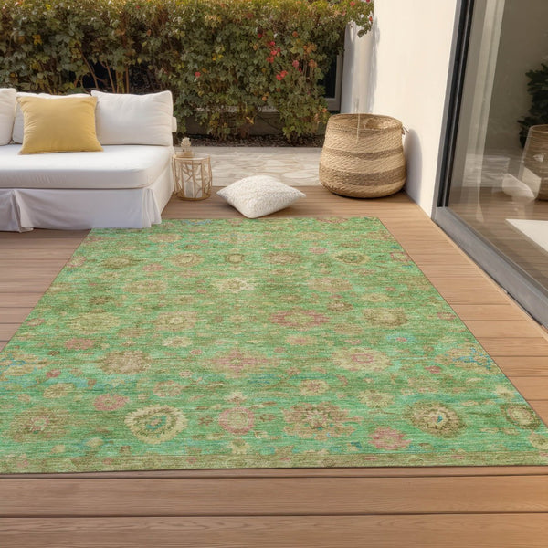 HomeRoots 5' Vibrant Damask Area Rug in Lime Green, Pink & Teal Blue – Washable, Indoor/Outdoor, Durable Design 620438