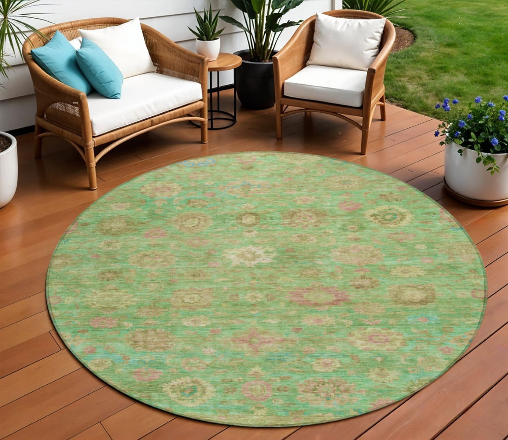 HomeRoots 8' Vibrant Round Damask Area Rug in Lime Green, Pink & Teal – Indoor/Outdoor, Washable & Durable 620439