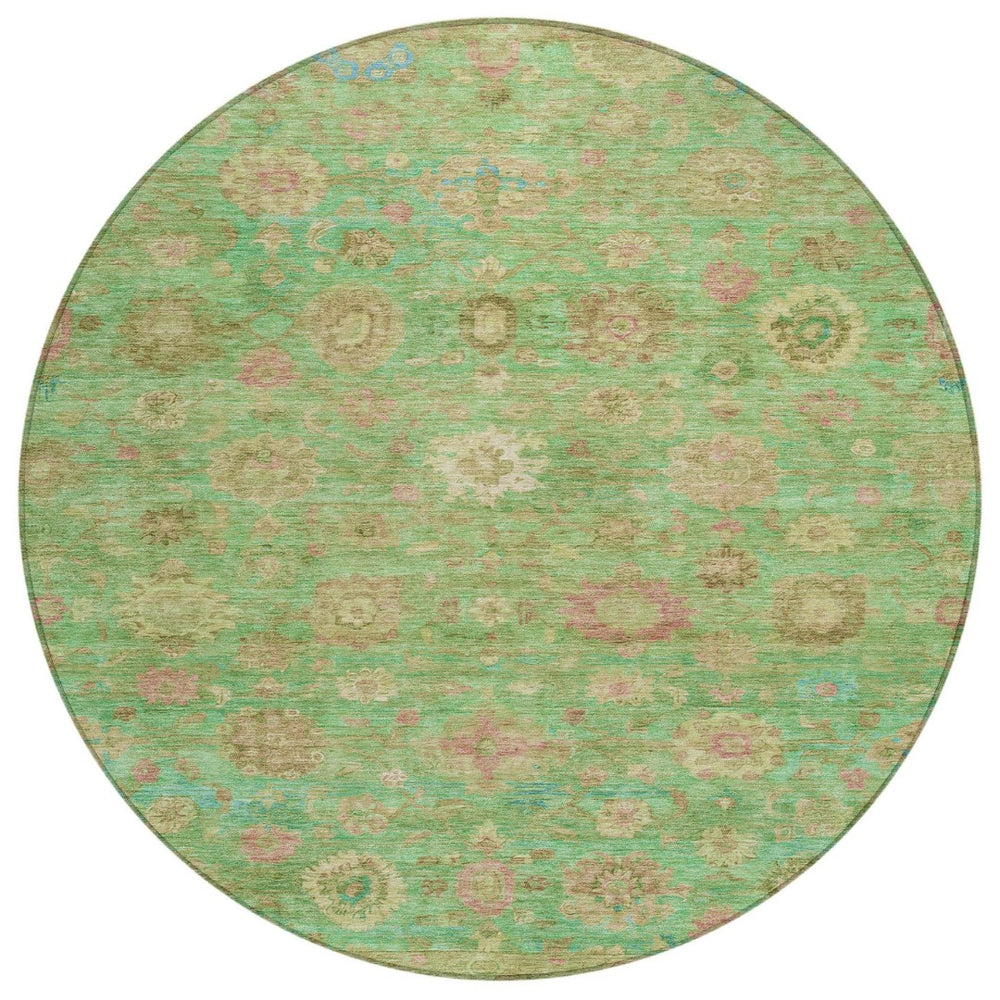 HomeRoots 8' Vibrant Round Damask Area Rug in Lime Green, Pink & Teal – Indoor/Outdoor, Washable & Durable 620439