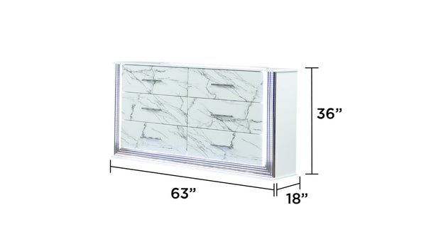 English Elm Desire Marble-Front 6-Drawer Dresser in Sleek White with Metallic Handles — Modern Durable Storage G150109088