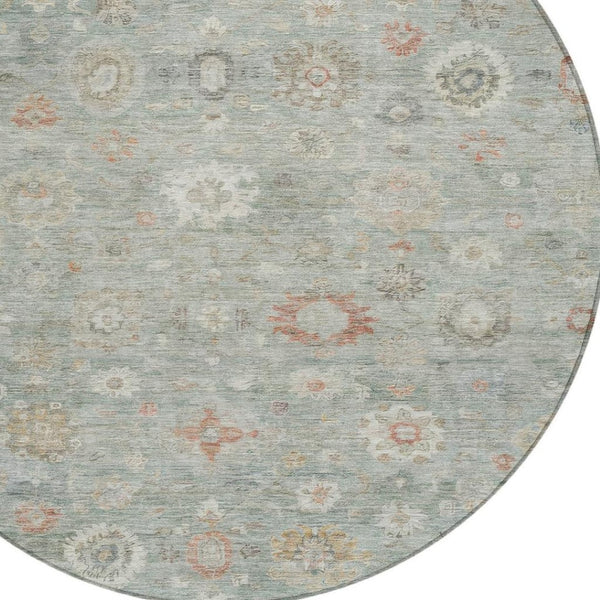 HomeRoots 8' Sage Copper And Ivory Round Damask Rug - Durable, Washable Design for Indoor & Outdoor Elegance 620445