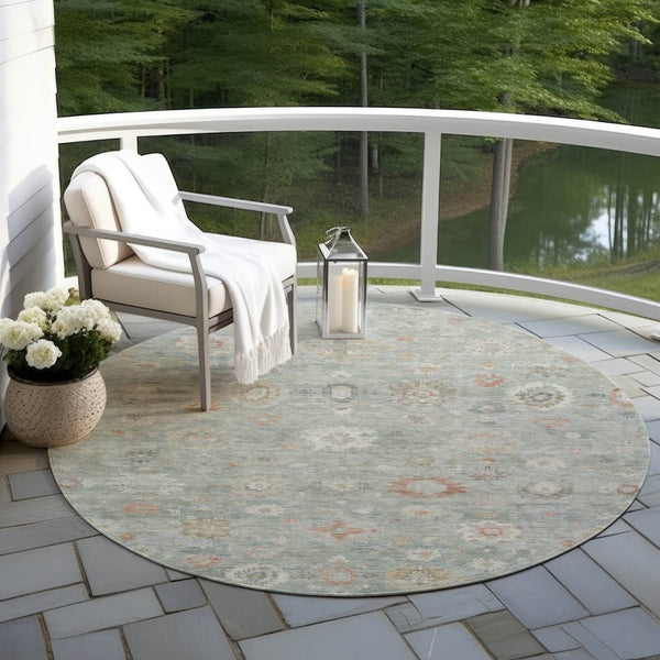 HomeRoots 8' Sage Copper And Ivory Round Damask Rug - Durable, Washable Design for Indoor & Outdoor Elegance 620445