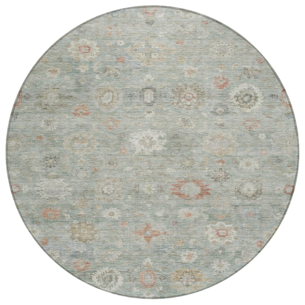 HomeRoots 8' Sage Copper And Ivory Round Damask Rug - Durable, Washable Design for Indoor & Outdoor Elegance 620445