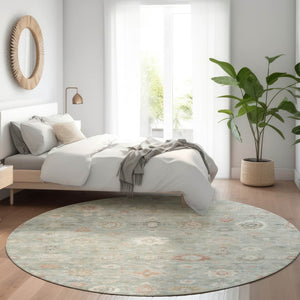 HomeRoots 8' Sage Copper And Ivory Round Damask Rug - Durable, Washable Design for Indoor & Outdoor Elegance 620445