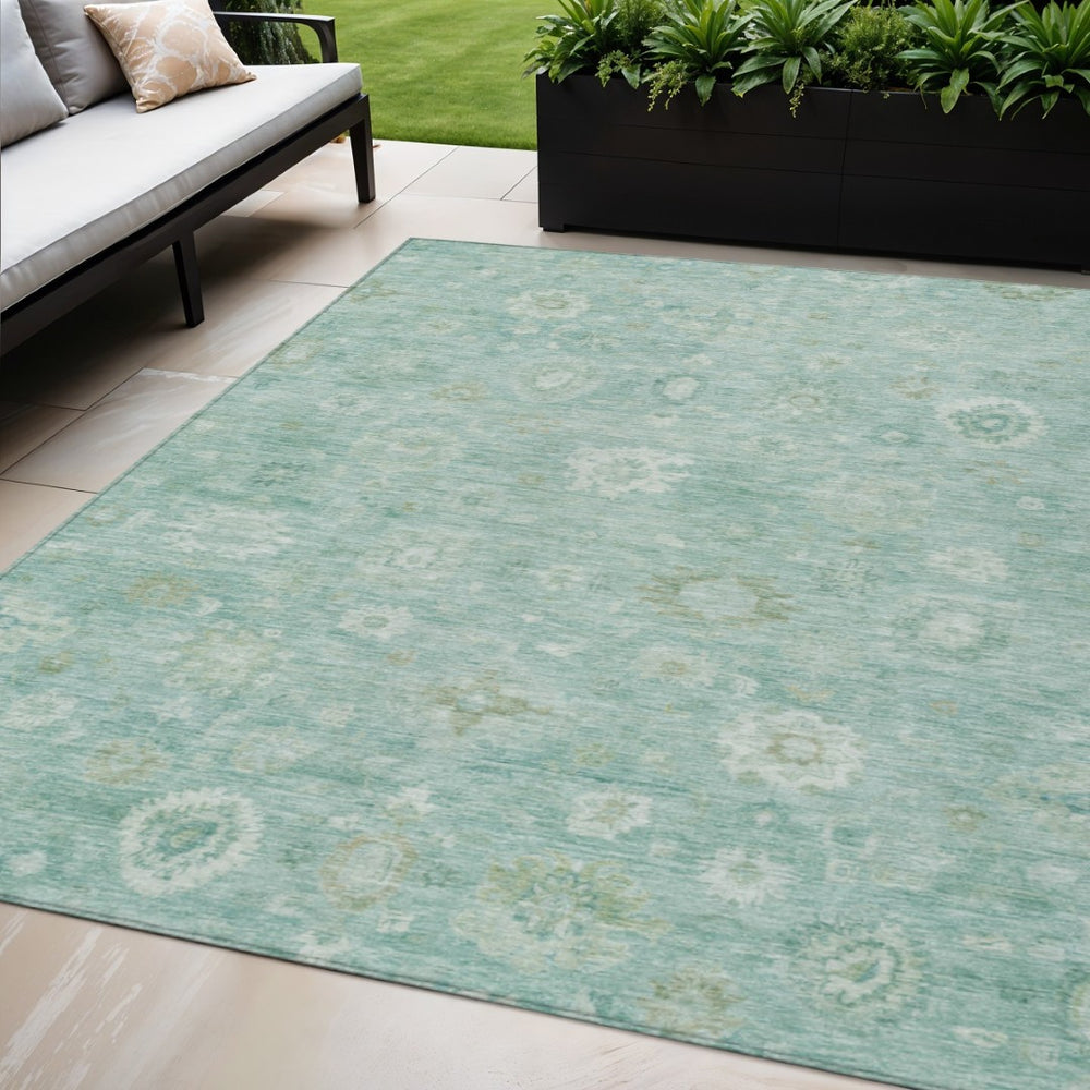 HomeRoots 5' X 8' Elegant Teal Blue Ivory Tan Damask Area Rug - Durable, Washable for Indoor & Outdoor Use! 620450