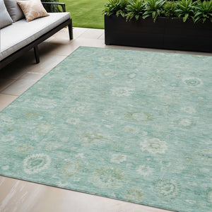 HomeRoots 5' X 8' Elegant Teal Blue Ivory Tan Damask Area Rug - Durable, Washable for Indoor & Outdoor Use! 620450