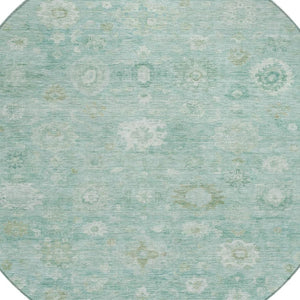 HomeRoots 8' Teal Blue and Ivory Round Damask Rug – Stylish, Washable, Durable for Indoor & Outdoor Spaces 620451