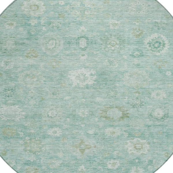HomeRoots 8' Teal Blue and Ivory Round Damask Rug – Stylish, Washable, Durable for Indoor & Outdoor Spaces 620451