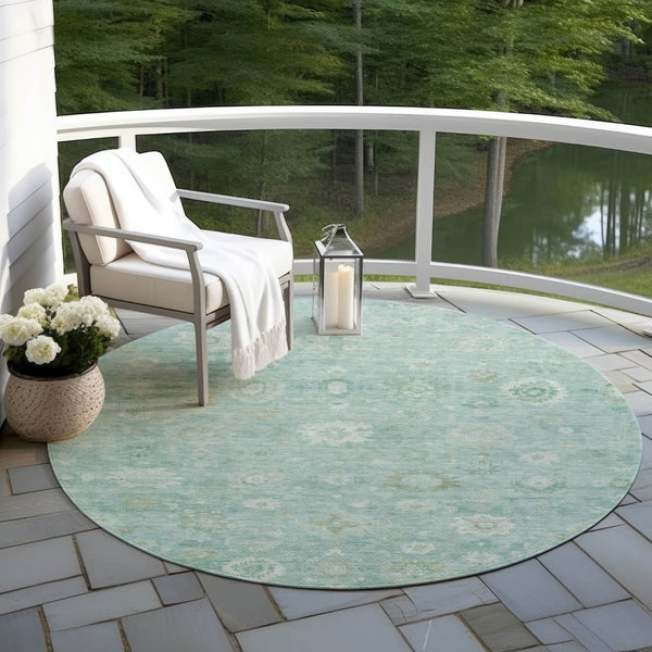 HomeRoots 8' Teal Blue and Ivory Round Damask Rug – Stylish, Washable, Durable for Indoor & Outdoor Spaces 620451
