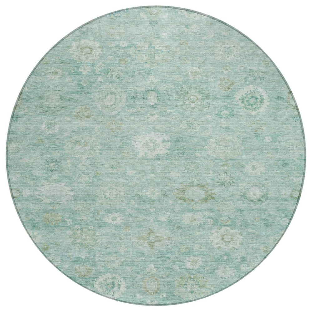 HomeRoots 8' Teal Blue and Ivory Round Damask Rug – Stylish, Washable, Durable for Indoor & Outdoor Spaces 620451