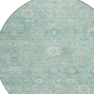 HomeRoots 8' Teal Blue and Ivory Round Damask Rug – Stylish, Washable, Durable for Indoor & Outdoor Spaces 620451