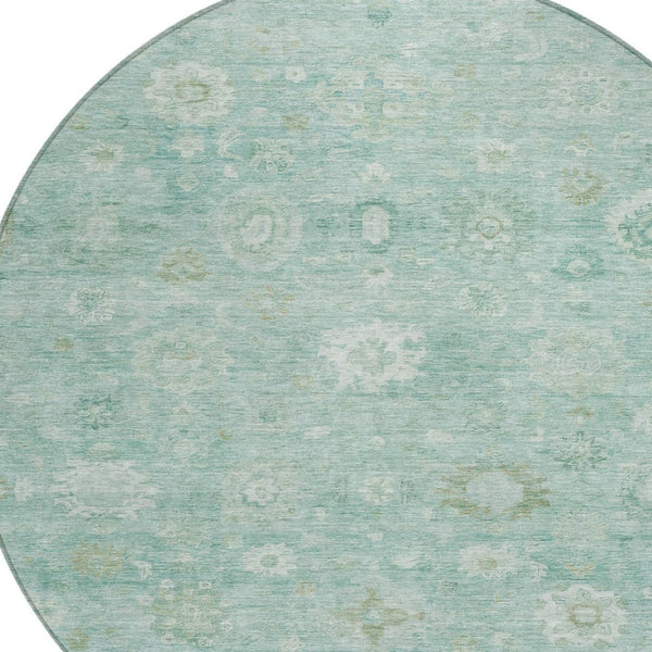 HomeRoots 8' Teal Blue and Ivory Round Damask Rug – Stylish, Washable, Durable for Indoor & Outdoor Spaces 620451