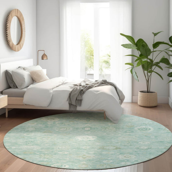 HomeRoots 8' Teal Blue and Ivory Round Damask Rug – Stylish, Washable, Durable for Indoor & Outdoor Spaces 620451