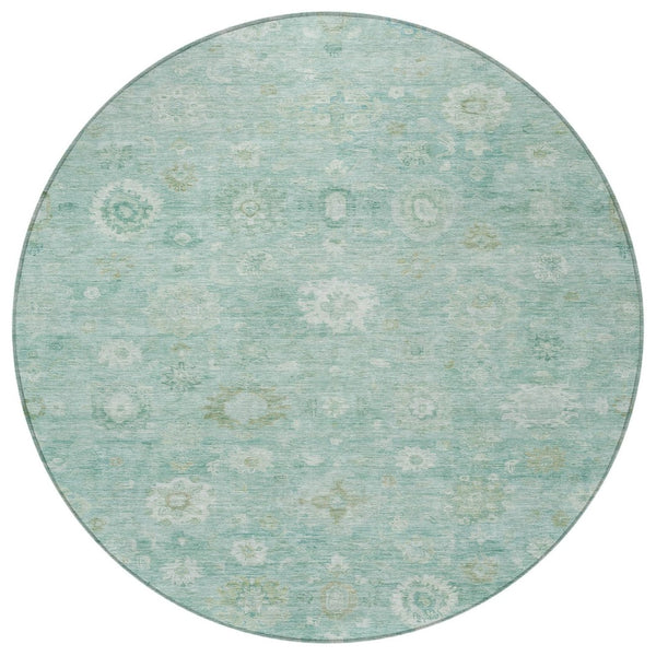 HomeRoots 8' Teal Blue and Ivory Round Damask Rug – Stylish, Washable, Durable for Indoor & Outdoor Spaces 620451