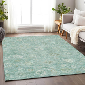HomeRoots 9' X 12' Teal Blue Ivory Tan Damask Rug - Washable, Durable, Stylish Indoor/Outdoor Area Essential 620453