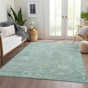 HomeRoots 9' X 12' Teal Blue Ivory Tan Damask Rug - Washable, Durable, Stylish Indoor/Outdoor Area Essential 620453