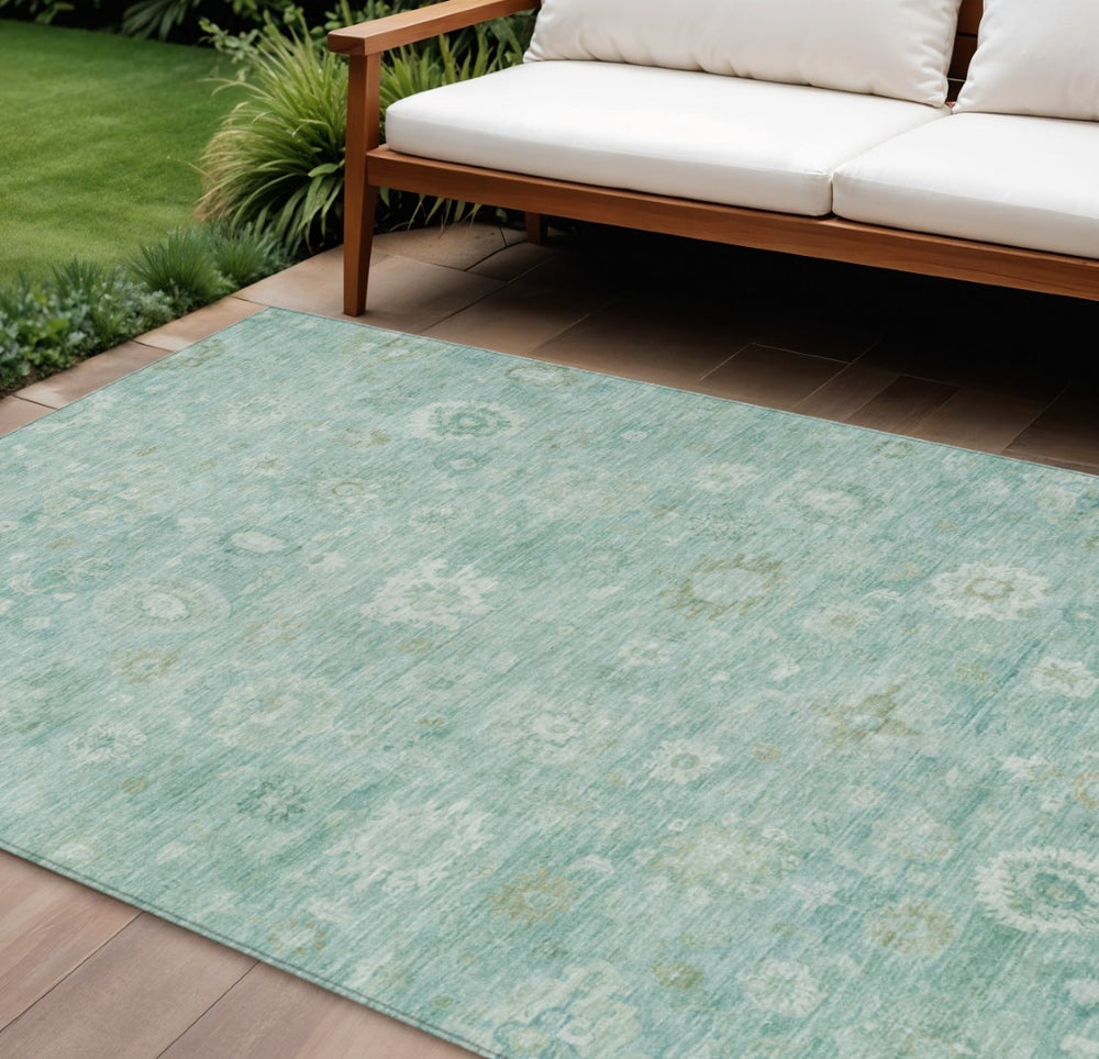 HomeRoots 10' Teal Blue Ivory Tan Damask Area Rug - Washable, Durable Design for Indoor & Outdoor Spaces 620454